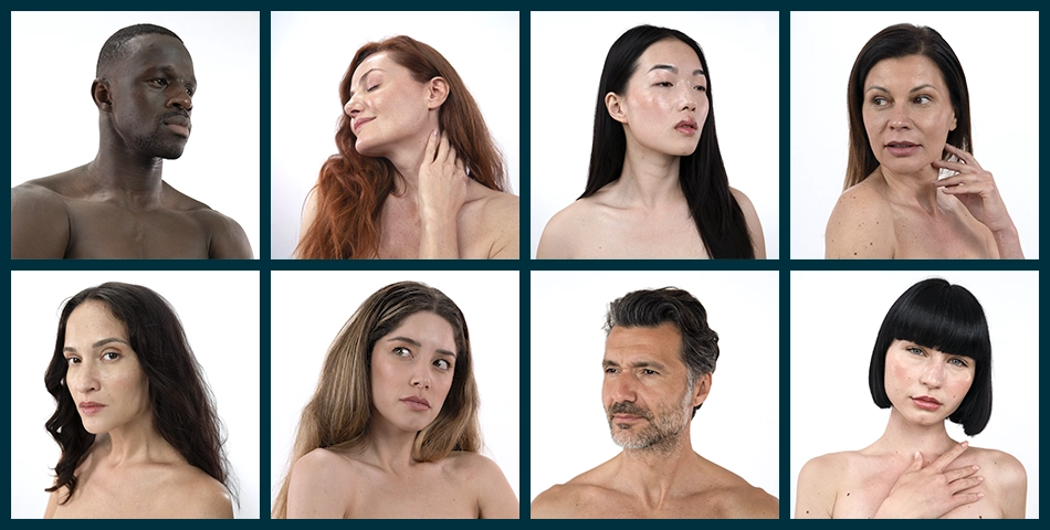 Portrait collage of eight diverse individuals with healthy, radiant skin, representing INNEA’s inclusive approach to aesthetic beauty across ages and ethnicities.